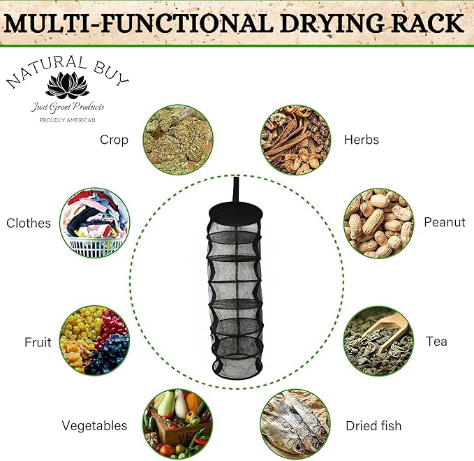 9 Inch 7 Level Micro Hanging Dry Net Indoor/Closet Drying Rack for Herbs, Organizer, Freshner - Black Mash Screen with Top-to-Bottom Zipper - Apartment Size with Zipped Storage Pouch - Bloomnest