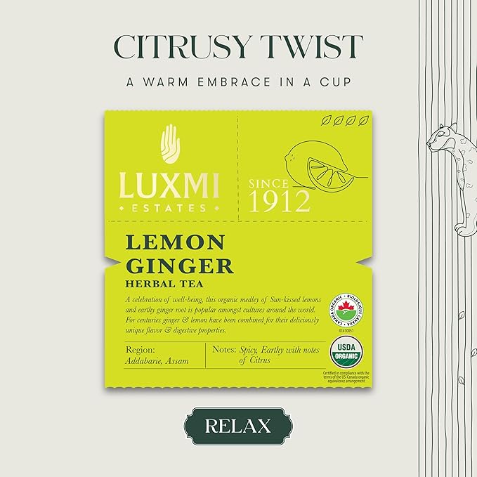 Luxmi Estates Lemon Ginger Root - 50gm Tin Loose Leaf | Certified Organic Herbal Tea | Citrus Flavor & Aroma | Lemon Peel, Ginger, Lemongrass, Licorice - Bloomnest