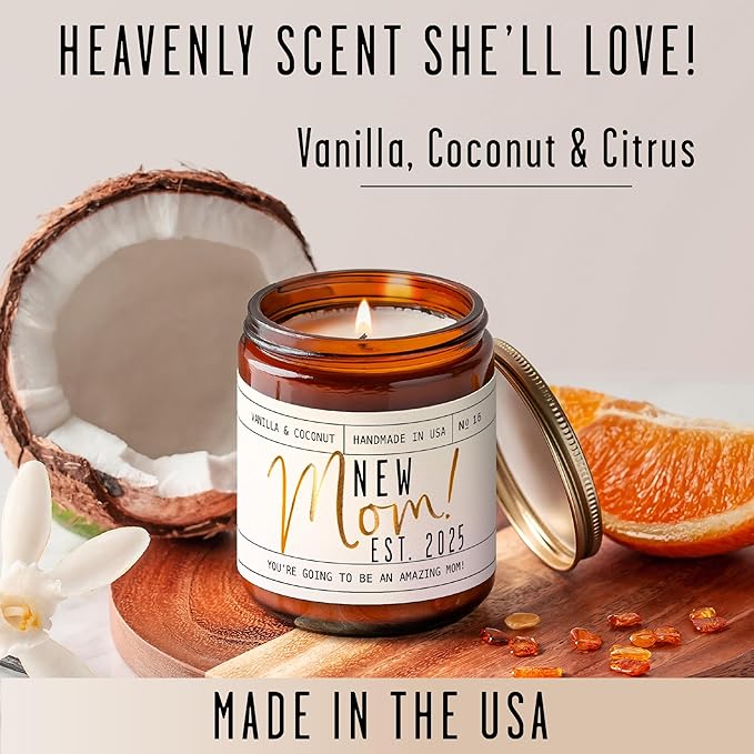 New Mom Gifts for New Mom Est. 2025 Candle, w/Coconut & Vanilla-Infused Essential Oils I Postpartum First Time Mommy Gifts I Push Presents I 50Hr Burn, USA Made - Bloomnest