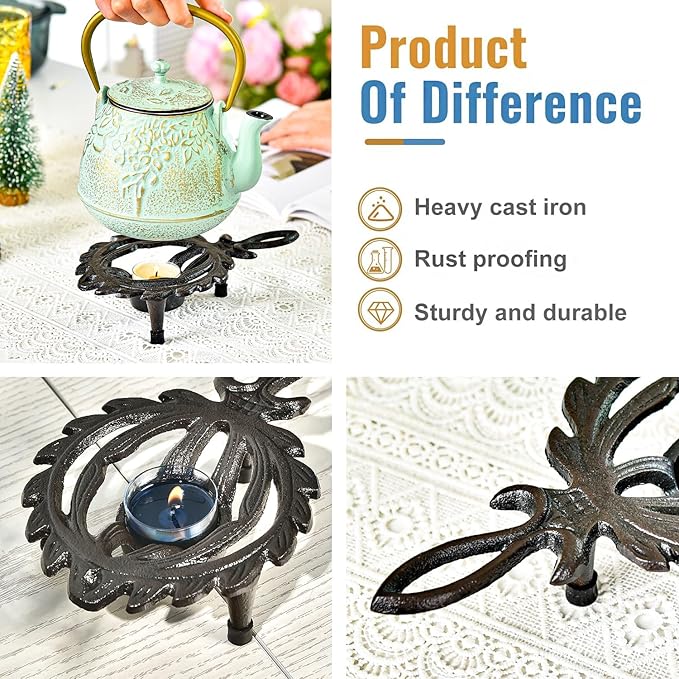 Sungmor Cast Iron Tealight Warmer with Pretty Flame Shape Design, Functional Table Trivet Candle Holder for Warm Dishes, Pots, Soups, Milks, Teas, Coffee, Great Heater for Melt Butter, Sealing Wax - Bloomnest