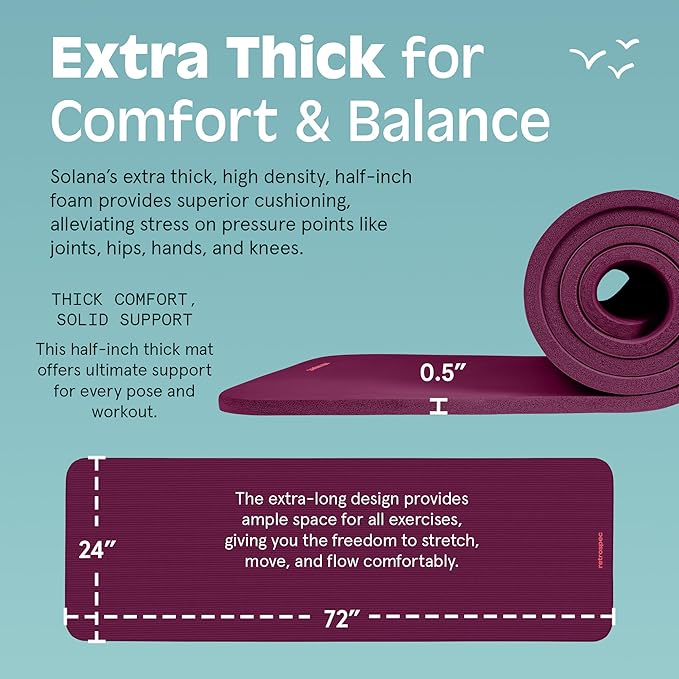 Retrospec Solana Yoga Mat 1/2" Thick w/Nylon Strap for Men & Women - Non Slip Exercise Mat for Yoga, Pilates, Stretching, Floor & Fitness Workouts - Bloomnest