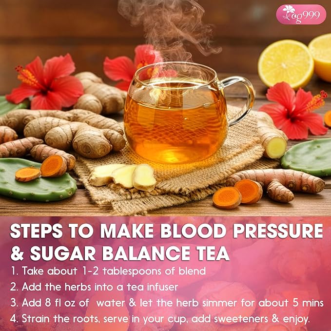 TOG999, Premium Blood and Sugar Balance Tea | 300gr - 10.5oz | 100% Natural Turmeric, Ginger, Cactus Nopal, Aloe Vera, Bay Leaf, Cinnamon & Hibiscus - Loose Powder Herbal Blend – Caffeine-Free Tea