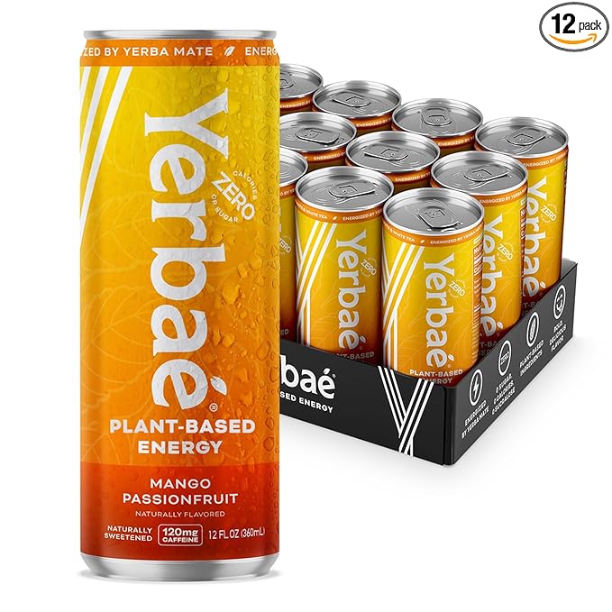 Yerbaé Energy Beverage, Mango Passion Fruit, 120mg Caffeine. No Sugar/Calories/Carbs, Energized by Yerba Mate, Plant-Based, Healthy Alternative to Sugary Drinks, Pack of 12, 12oz cans - Bloomnest