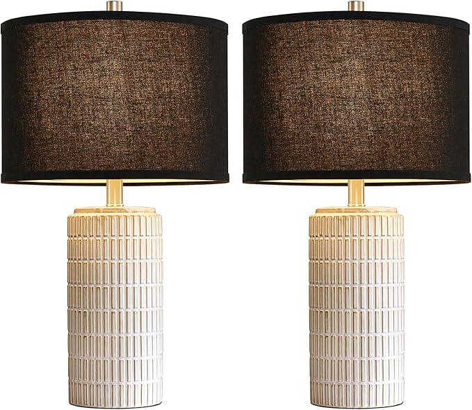 23'' Set of 2 Modern Ceramic Table Lamps, Minimalist Bedside Lamp, Rustic Nightstand End Table Lamp for Bedroom, Living Room, Study Room, Office, 2 LED Bulbs Included (Black) - Bloomnest
