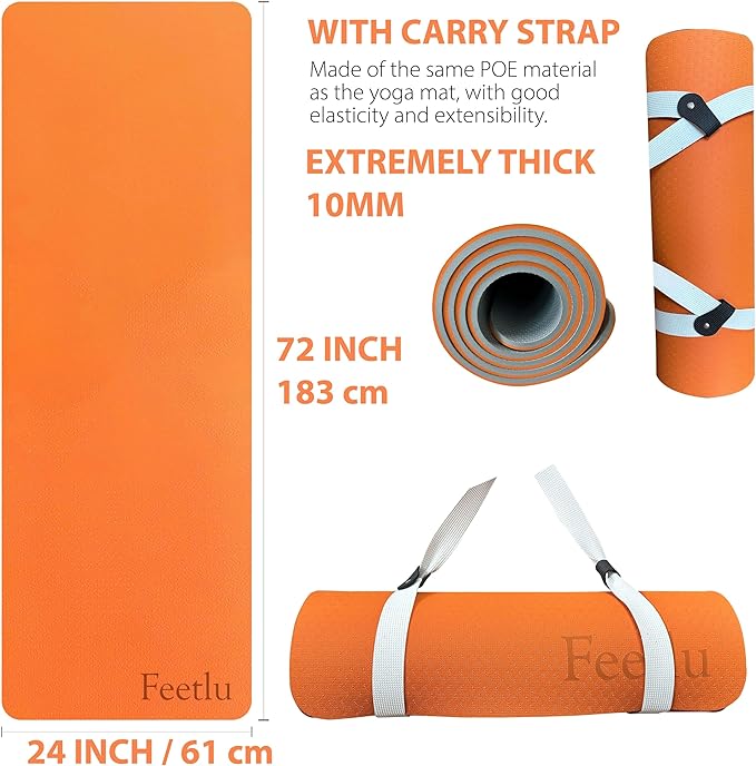 Extra Thick Exercise Yoga Mat with Strap - 2/5 Inch (10MM), Non-Slip Workout Mat for Yoga, Pilates, and Floor Exercises - Bloomnest