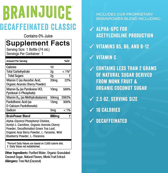 BrainJuice Decaf Brain Support Shot, Gluten Free Supplement Shots for Energy & Focus, Healthy Drinks with Alpha GPC, Vitamin B & Decaffeinated Green Tea Leaf, Classic, 2.5 fl oz, 12 Pack - Bloomnest