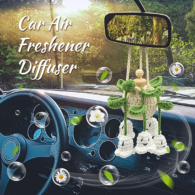 Crochet Glowing Ghost Car Air Freshener, Halloween Car Decor, 15ml Refillable Oil Diffuser Bottle with Hanging Crochet Decor for Car Rearview Mirror, Handmade Halloween Gifts - Bloomnest