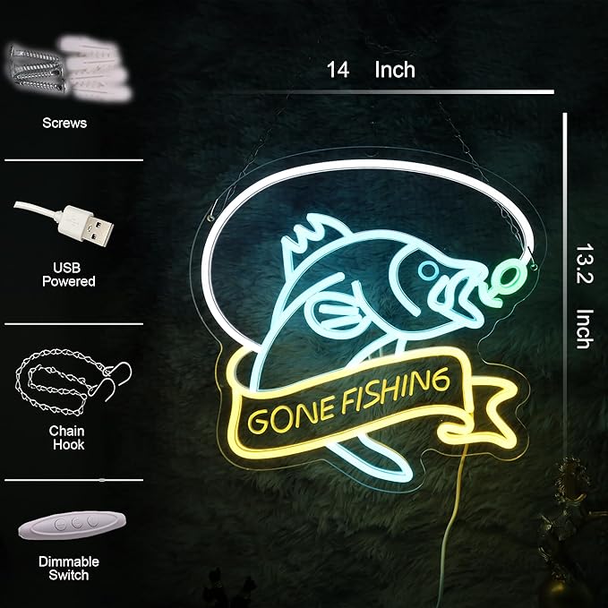 Go Fishing Neon Sign – Fishing Light for Fishing Cabin, Man Cave, Tackle Shop – Fishing LED Neon Sign Suitable for Fishing Lovers, Gifts for Anglers & Outdoor Decor（14 * 13.2in） - Bloomnest