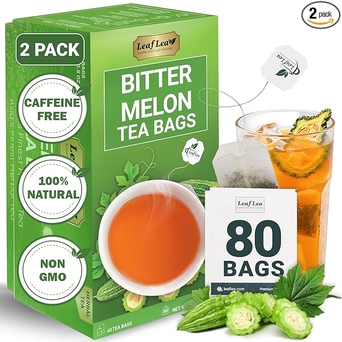 LeafLea 80 Bitter Melon Tea Bags, Premium Dried Momordica Charantia (Melon Amargo, Gohyah) Herbal Fruit Tea | Supports Wellness and Digestion | Caffeine-Free, Sugar-Free, Vegan, Pack of 2 - Bloomnest