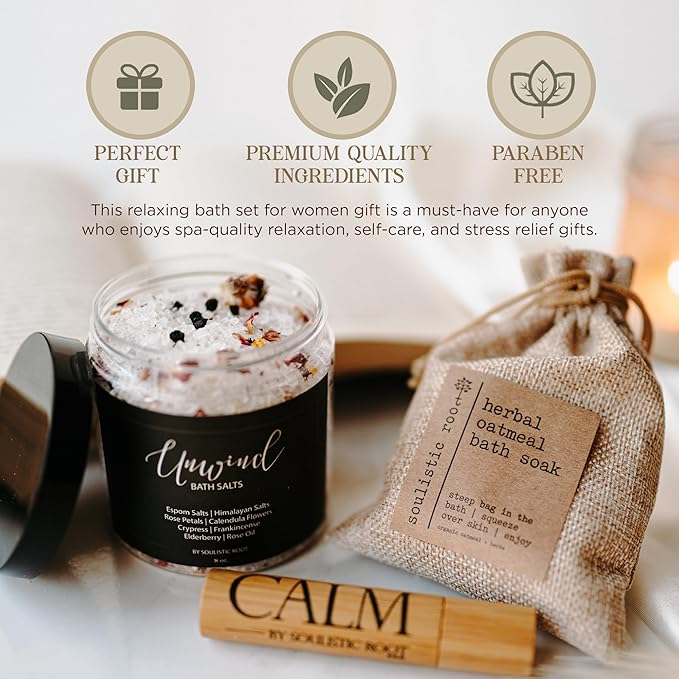 SOULISTIC ROOT Revitalizing Bath Gift - Premium Self-Care Bath & Body Set with Lavender Oatmeal Soak, Tranquil Essential Oil Roller, Epsom Salt Soak, Home Spa Kit, Valentine's Day Ready-to-Gift Box - Bloomnest