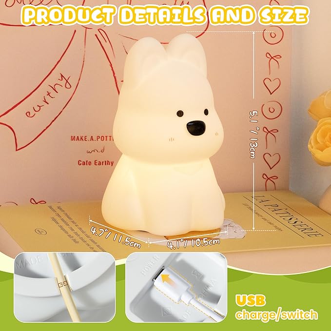Night Light for Kids, Rechargeable Dimmable Silicone LED Nightlight with 7 Colors, Baby Nursery Night Lamp, Touch Squishy Lamp, Cute Gifts for Girls, Boys, Toddler Room Decor, Dog - Bloomnest