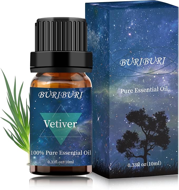 BURIBURI Vetiver Essential Oil Organic for Diffuser, Skin, Candle Soap Perfume Making - 100% Pure, Undiluted, Natural, Aromatherapy Vetiver Oils 10ML BURIBURI