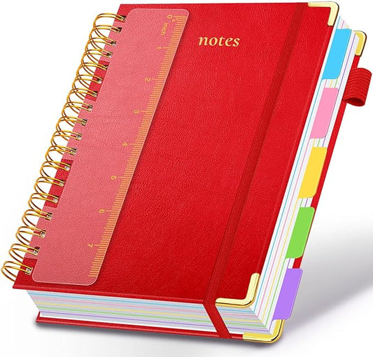 Hardcover Spiral Notebook 6.2"x 8.2" Journal Notebook with Tabs and Removable Dividers 300 Pages 5 Subject Notebook College Ruled, Faux Leather Spiral Bound Notebook for Women School Work(Red) - Bloomnest