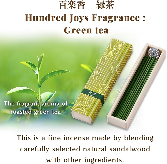 Hasegawa Hyakurakuko Premium Japanese Sandalwood Incense - Long Type, 40 Sticks with Aluminum Holder, 20-30 Min Burn Time, Made in Japan 線香 百楽香 (Green Tea) %E3%81%AF%E3%81%9B%E3%81%8C%E3%82%8F%EF%BC%88Hasegawa%EF%BC%89