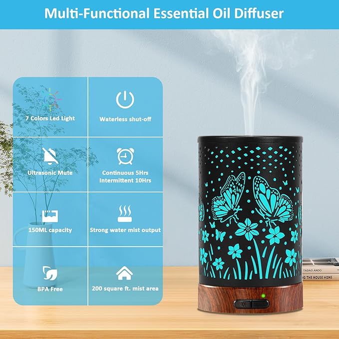 Essential Oil Diffuser - 150ML Metal Aromatherapy Diffuser for Essential Oils with 7 Colors Lights Gifts for Mom Auto Shut-Off & Ultrasonic Cool Mist Diffuser, Ambience for Home - Bloomnest