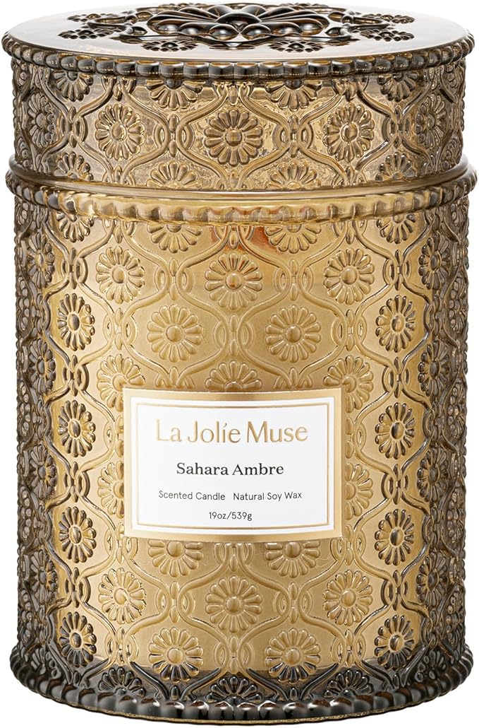 LA JOLIE MUSE | Sahara Amber Candle | Bergamot, Clove & Amber | 19 oz Wooden Wick | Natural Soy Wax | 90 Hours Clean Burn | Gift-Ready for Cozy Nights | Elevated Fall Décor - Bloomnest