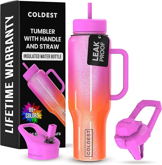 Coldest Tumbler with Handle and Straw, 100% Spill Proof Tumbler with Straw (3 Lids), Stainless Steel Insulated Leakproof Tumblers for Women Men, Cup Holder Friendly, 46 oz (Neutron Star Glitter) - Bloomnest