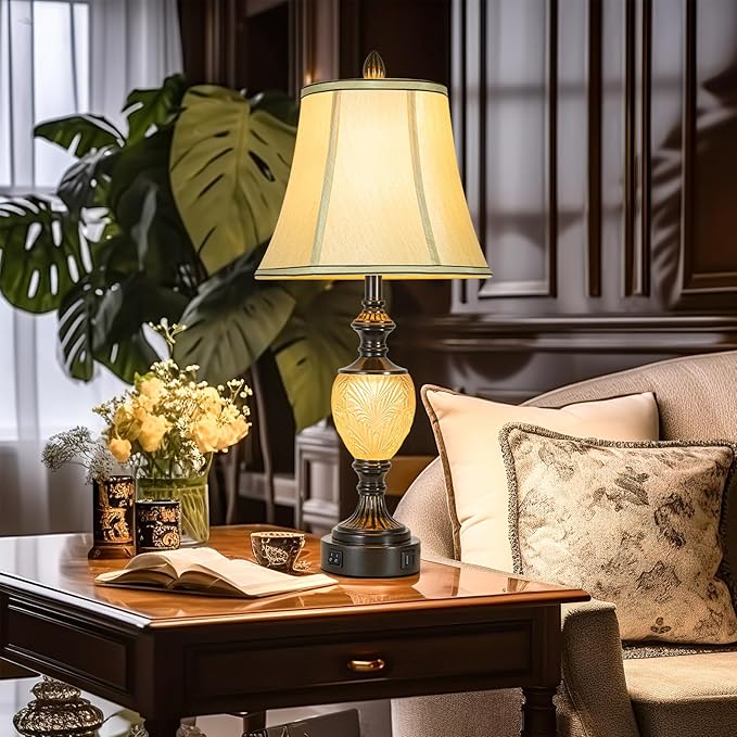 27'' High Vintage Table Lamp Set of 2 for Living Room Farmhouse Bedside Lamp with Fabric Shades Boho Nightstand Lamp with USB and Nightlight for Bedroom Home Office Hotel Bar (Bulb Included) - Bloomnest
