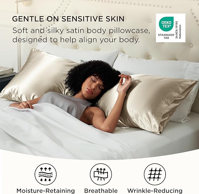 Bedsure Body Pillow Cover 20x54 Inches - Khaki Satin Similar to Silk Pillowcase for Hair and Skin, Cooling and Silky Long Body Pillow Pillowcase with Envelope Closure, Gifts for Women Men - Bloomnest