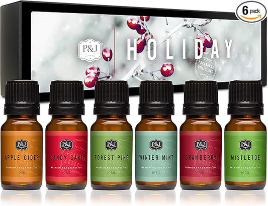 P&J Fragrance Oil Holiday Set | Mistletoe, Candy Cane, Wintermint, Apple Cider, Cranberry, and Forest Pine Candle Scents for Candle Making, Freshie, Soap Making Supplies, Diffuser Oil Scents - Bloomnest