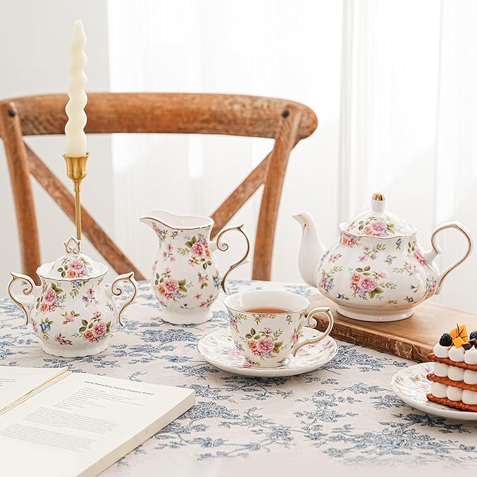 Flower Ceramic Teapot,22oz Porcelain Tea pot for Tea Coffee Milk for Office Home Men Women as Gift(White and small flowers) - Bloomnest