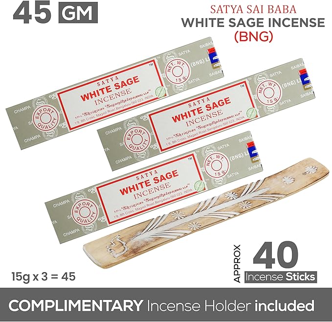 Satya Nagchampa White Sage Incense Sticks, Satya Bng (Bangalore) Insenses 15gmx3 Pack (45 GMS) with Raajsee Incense Holder Bundle, Satya Nagchampa Natural Incense - Bloomnest