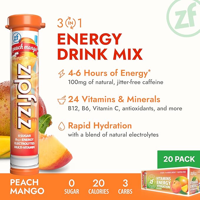 Zipfizz Daily Energy Drink Powder, Peach Mango, 20 Pack | 3-in-1 Sustained Energy, Rapid Hydration, and Essential Vitamins | Sugar-Free | Electrolyte Powder | Contains Vitamin B-12 & Antioxidants - Bloomnest