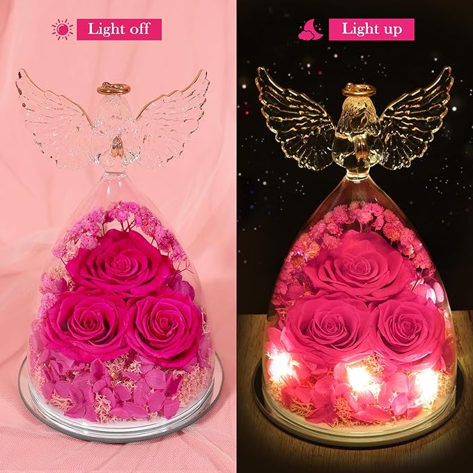 Valentines Day Gifts for Her Women Preserved Flower Rose, Forever Eternal Fresh Flowers in Glass Angel Figurines Flowers for Delivery Prime for Grandma Mom from Daughter Wife Mothers Day Birthday Pink - Bloomnest
