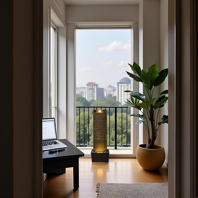 Indoor/Outdoor Water Fountain with LED Lights – Vintage Rock Design and Relaxing Waterfall Feature for Home, Garden, or Office (Straight Slate Stone)