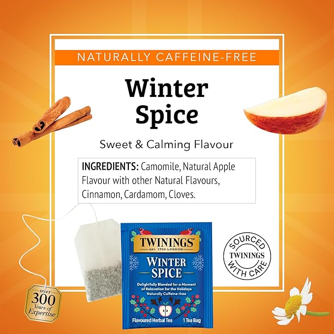 Twinings Winter Spice Herbal Tea Individually Wrapped, 20 Count (Pack of 6), Camomile, Apple, Cinnamon, & Clove, Caffeine-Free, Enjoy Hot or Iced, 120 Teabags - Bloomnest