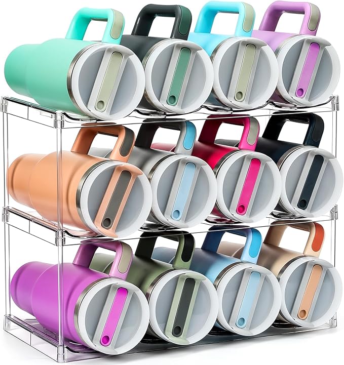 Design for Stanley 40 OZ & Large Bottles & Tumblers with Handle - Acrylic Water Bottle Organizer - Stackable Clear Wine Rack Cup Holder for Home Kitchen Pantry Shelf Countertop Cabinet, 3 Tier Hold 12 MakeLifeBetterEasier