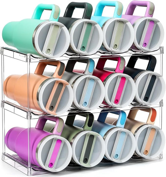 Design for Stanley 40 OZ & Large Bottles & Tumblers with Handle - Acrylic Water Bottle Organizer - Stackable Clear Wine Rack Cup Holder for Home Kitchen Pantry Shelf Countertop Cabinet, 3 Tier Hold 12 MakeLifeBetterEasier