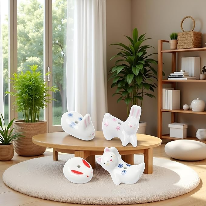4Pcs Rabbit Cat Ceramic Incense Holder Cute White Animals Incense Sticker Holder Fun Home Decorative Ornaments for Home Room Decoration Yoga Spa Meditation Incense Holders Home Fragrance - Bloomnest