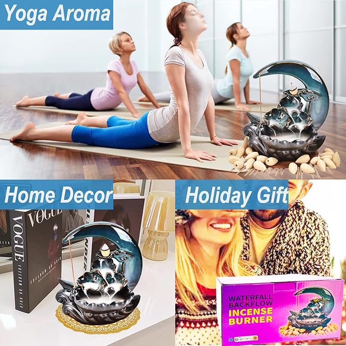 New Moon Backflow Incense Holder, Ceramic Hand-Made Incense Fountain Burner with 100 Backflow Incense Cones，Fragrance Incense Stick，Mat，Aromatherapy Home Decoration - Bloomnest