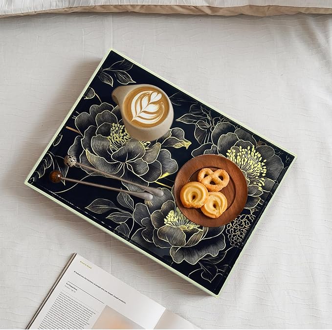 Serving Tray with Handles, 15.7 * 11.8 inches, Plastic Ottoman Tray with Exquisite Paintings, Trays for Coffee Table - Bloomnest