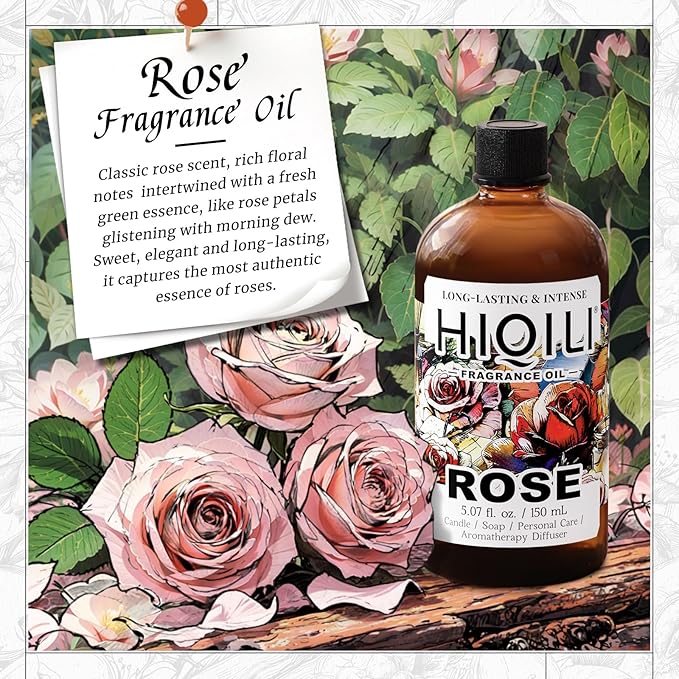 HIQILI Rose Fragrance Oil for Candle & Soap Making, Essential Oil Diffuser, Floral Scents, Add to Laundry Dryer Balls - 5.07 Fl Oz HIQILI