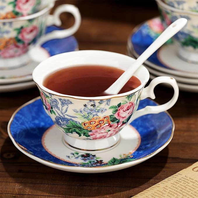 fanquare 21-Piece Blue Lace Porcelain Tea Set, China Coffee Cup and Saucer Set for 6, Pink Flower Tea Sets for Adults Women - Bloomnest