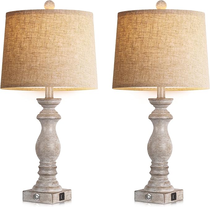 24.5" Table Lamp Set of 2, Rustic Farmhouse Bedside Lamps with USB A+C Charging Ports, 3-Way Dimmable Touch Control Nightstand Lamps for Living Room Bedroom, Antique Grey White, LED Bulbs Included - Bloomnest