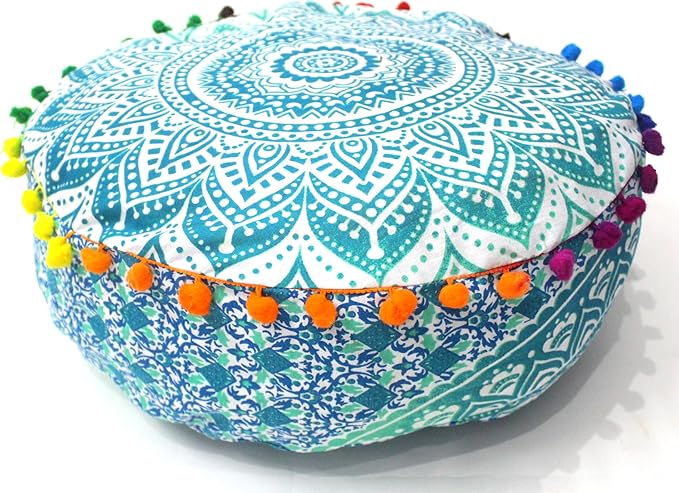 INDIAN CRAFT CASTLE ICC Mandala Barmeri Large Floor Pillow Cover Cushion Meditation Seating Ottoman Throw Cover Hippie Decorative Zipped Bohemian Pouf Ottoman Cases Green Ombre 16" Round - Bloomnest