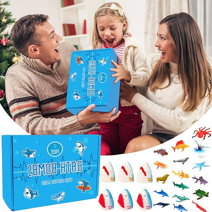Kids Bath Bombs with Surprise Inside,4 Pack Marine Shark Bath Bomb for with Ocean Sea Animals for Girls Boys Toddlers, Safe Natural & Organic - Bloomnest