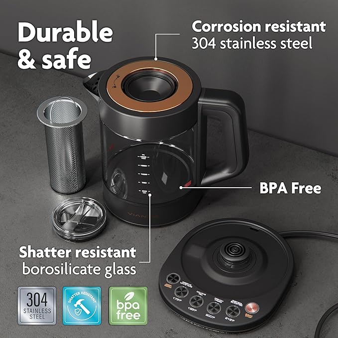 Vianté Electric Kettle With Infuser For Loose Leaf. Hot Tea Maker With Temperature Control And Automatic Shut Off. Tea Kettle With Brewing Programs. 1.5 Liters Capacity | Black Color - Bloomnest