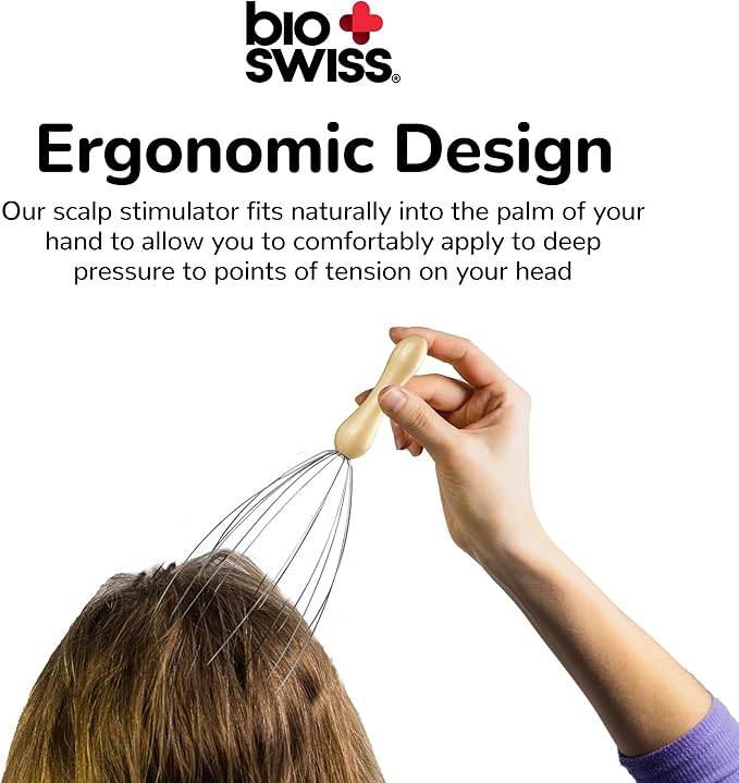 BioSwiss Scalp Massager, Handheld Head and Temple Massage Tool for Relaxation and Hair Stimulation Bioswiss