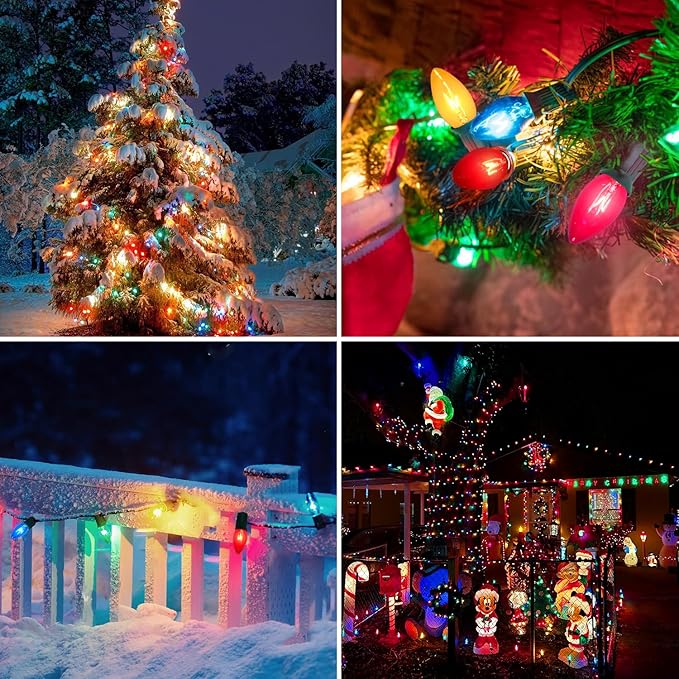 25 Pack C7 Clear Multicolor Incandescent Replacement Bulbs, 5W Warm White 2200K, E12 Base, Waterproof C7 Night Light Bulbs for Vintage Christmas String Lights Outdoor Indoor Home Party Decorations - Bloomnest