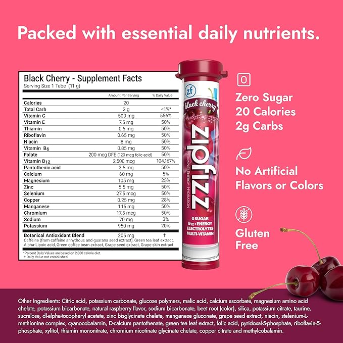 Zipfizz Daily Energy Drink Powder, Black Cherry, 20 Pack | 3-in-1 Sustained Energy, Rapid Hydration, and Essential Vitamins | Sugar-Free | Electrolyte Powder | Contains Vitamin B-12 & Antioxidants - Bloomnest