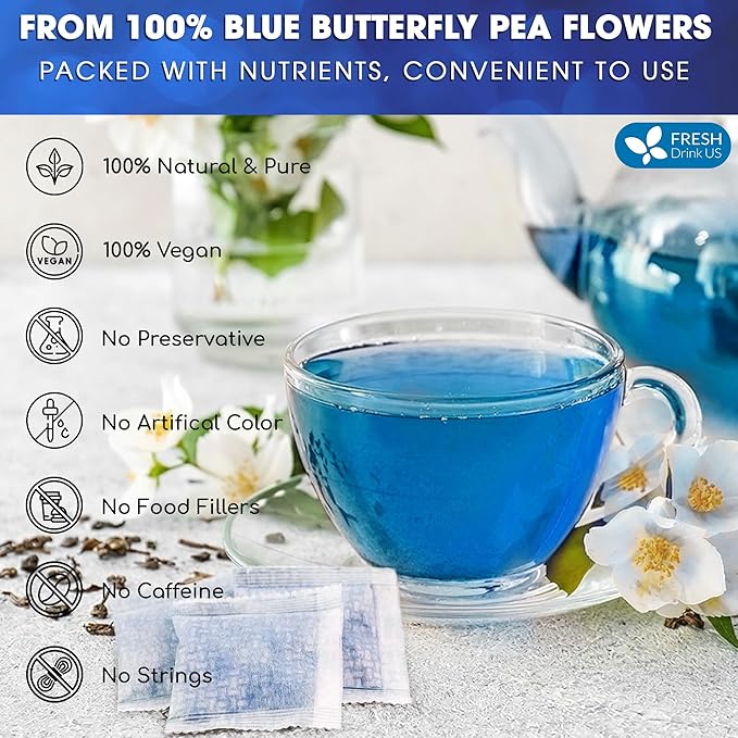 FRESHDRINKUS Premium 55 Butterfly Pea Flowers Tea Bags,100% Pure, Organic, Non GMO, Made With Organic Bags, Sugar/ Caffeine/ Gluten Free, Wildcrafted, Vegan, Handmade Product - Bloomnest