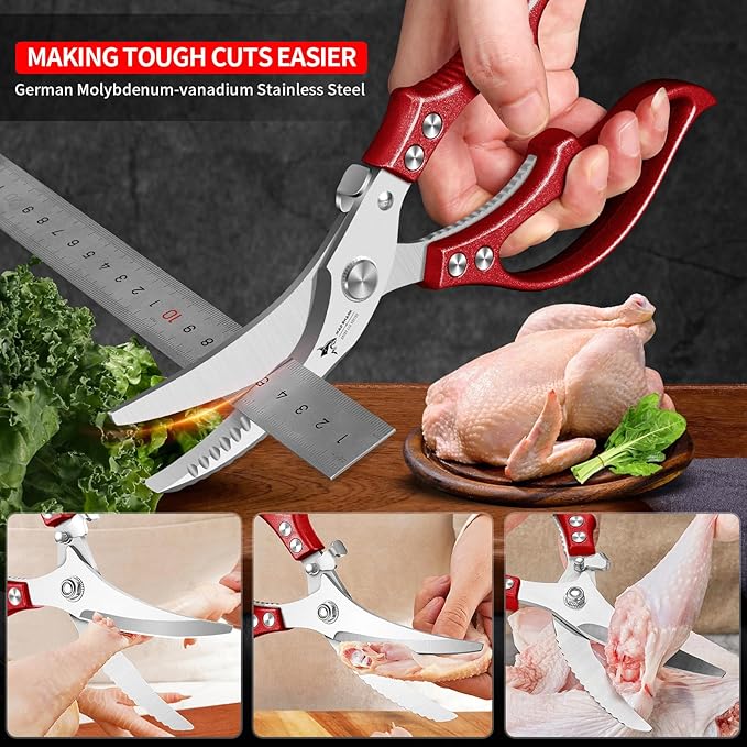 MAD SHARK Professional Heavy Duty Poultry Shears - Kitchen Shears for Spatchcocking Chicken and Meat Cutting, Multi-Purpose Kitchen Scissors for Food, Spring-loaded (Red) - Bloomnest