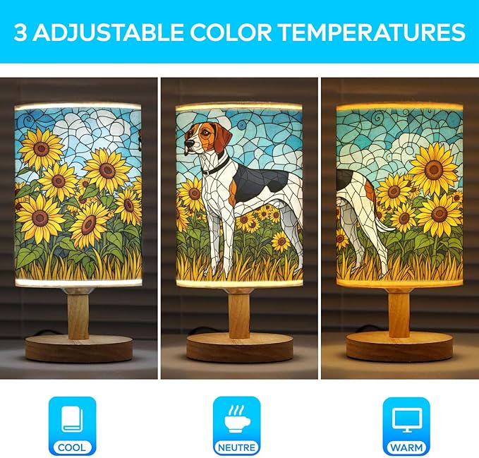Treeing Walker Coonhound Table Lamp LED 3-Color Pressed Bedside, Dog Shade Lamp with Wood Base for Bedroom Living Room Desk Office - Bloomnest