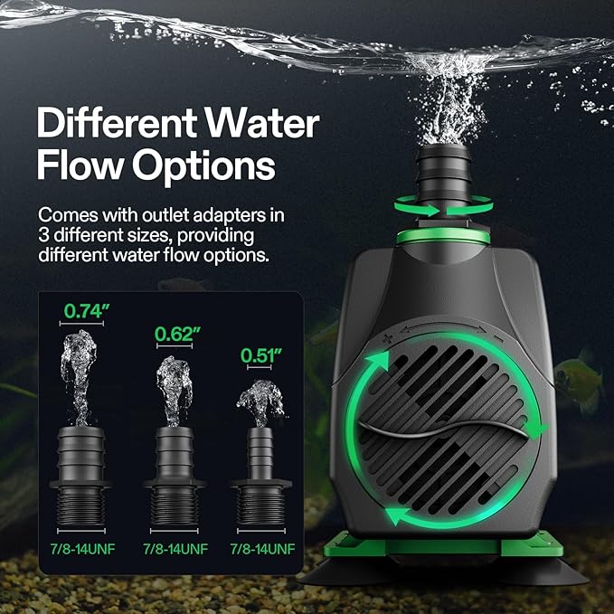 VIVOSUN 800GPH Submersible Pump(3000L/H, 24W), Ultra Quiet Water Fountain Pump with 10ft. High Lift with 6.5ft. Power Cord, 3 Nozzles for Fish Tank, Pond, Aquarium, Statuary, Hydroponics Green - Bloomnest