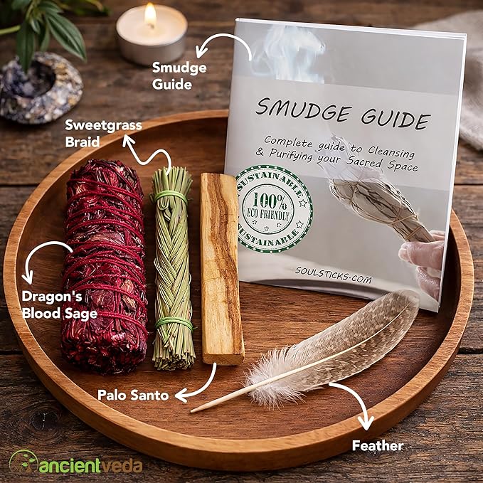 Ancient VEDA Organic Smudge Kit – Dragon's Blood, Palo Santo, Sweetgrass Braid, Feather & Smudge Guide | Home Cleansing Kit for Meditation, Yoga, Energy Healing (Starter Kit, Dragon's Blood Sage) AncientVeda