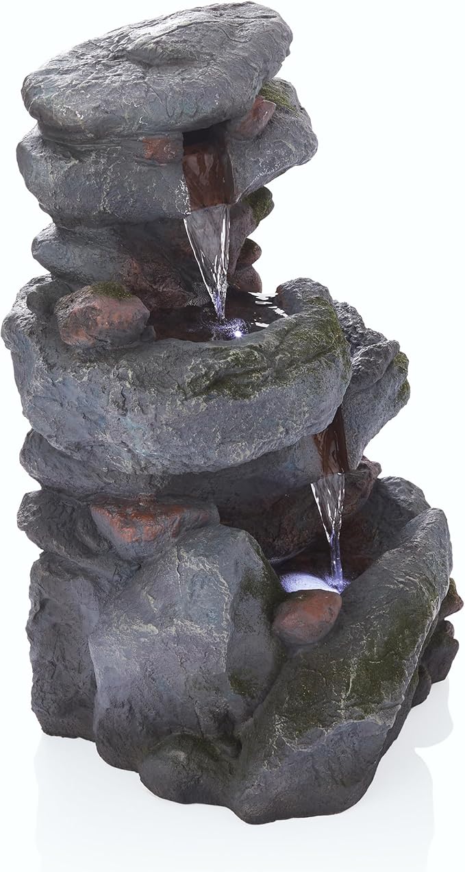 Alpine Corporation | 22"H Outdoor 3-Tier Rock Waterfall Fountain with LED Lights — Natural Stone Look for Garden, Patio, Yard & Porch Décor (Gray) - Bloomnest